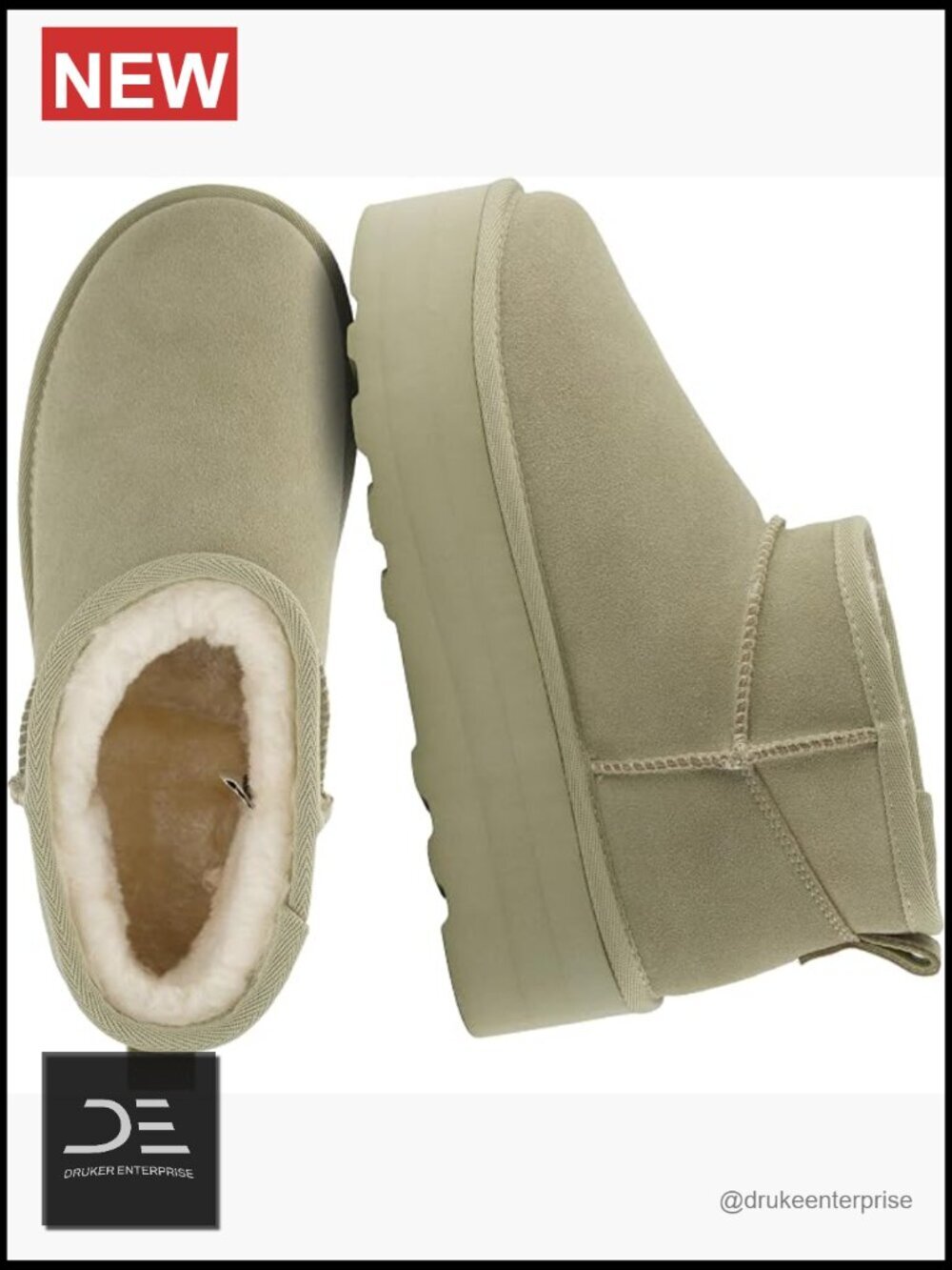 Genuine Suede Ankle Boots with Faux Fur Lining - Platform Slip-On Winter Boots